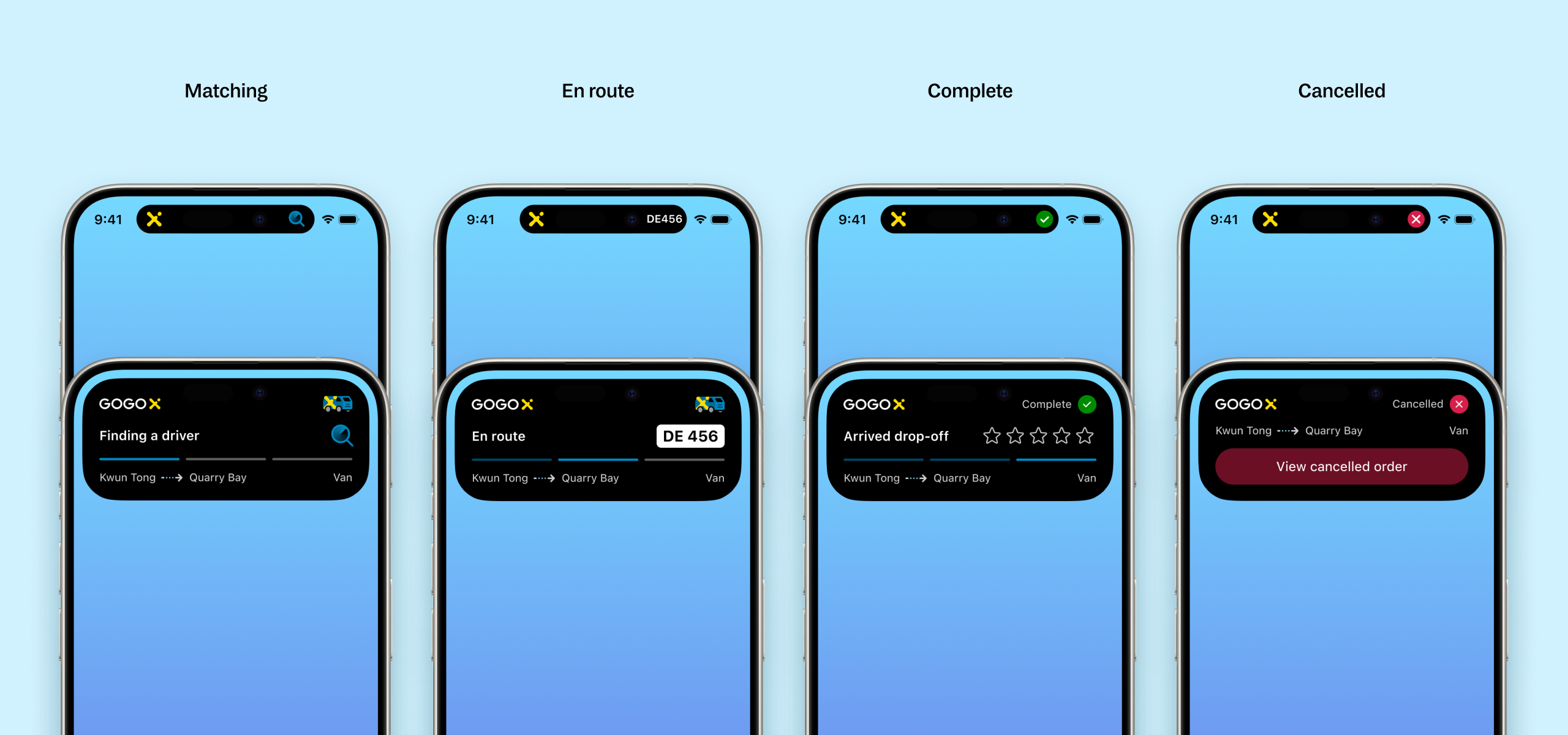 Four iPhones showing all iOS Live Activity states: matching a driver, en route with license plate, order complete, and order cancelled