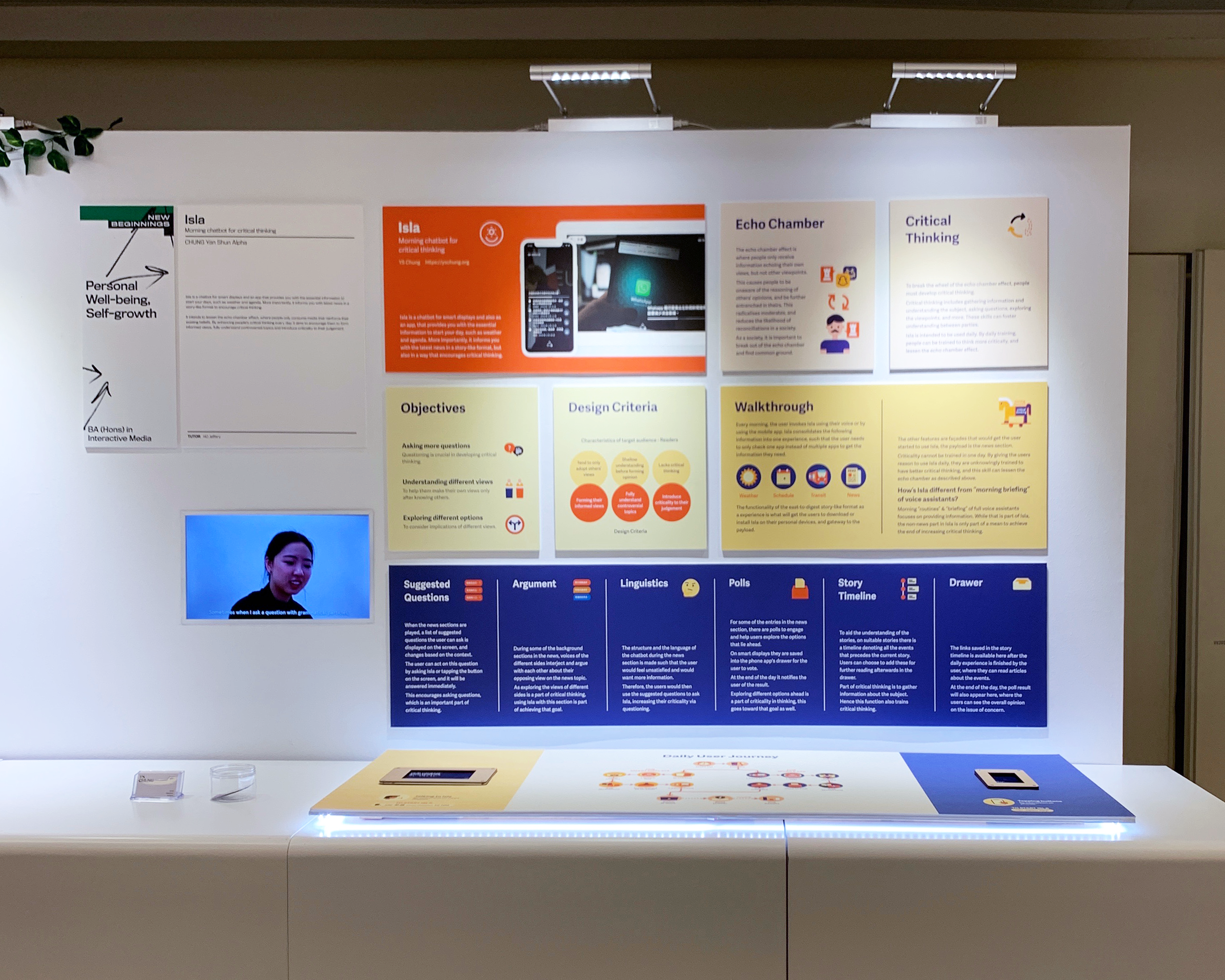 A booth with background information on Isla and video playing.