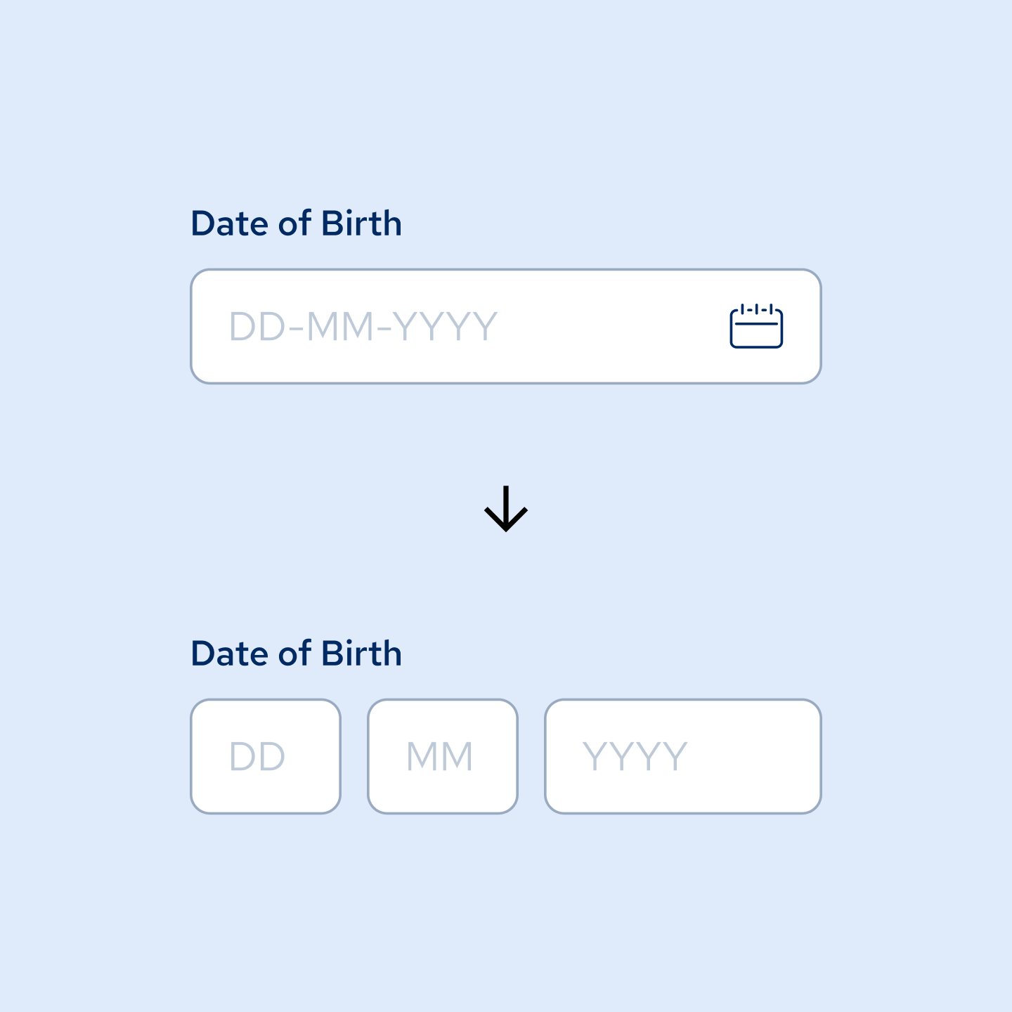 A date input field, an arrow icon and a date of birth input field with three fields