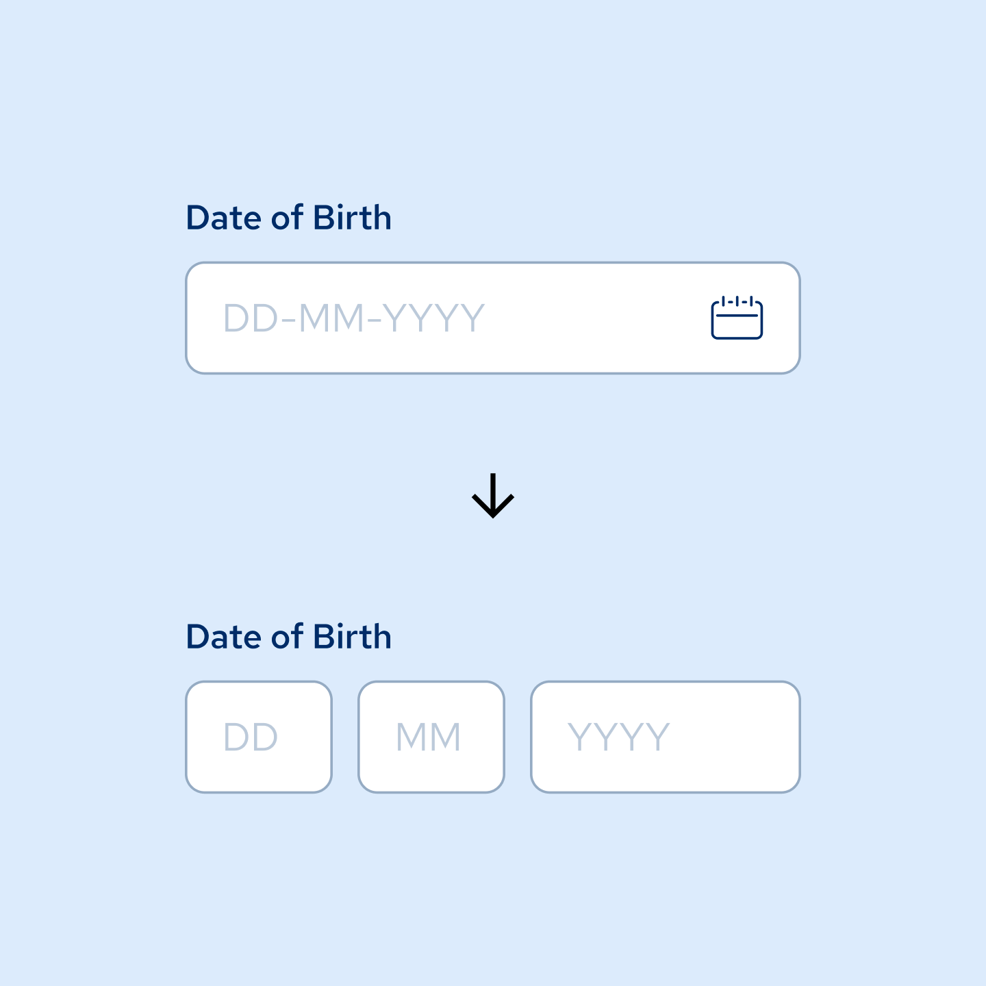 A date input field, an arrow icon and a date of birth input field with three fields