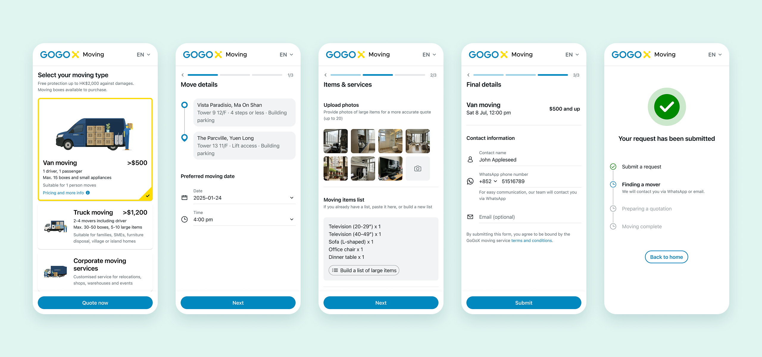 Five webpages showing the complete booking flow: moving type selection, move details with addresses and date, items and services with photos, final details with contact information, and confirmation success screen