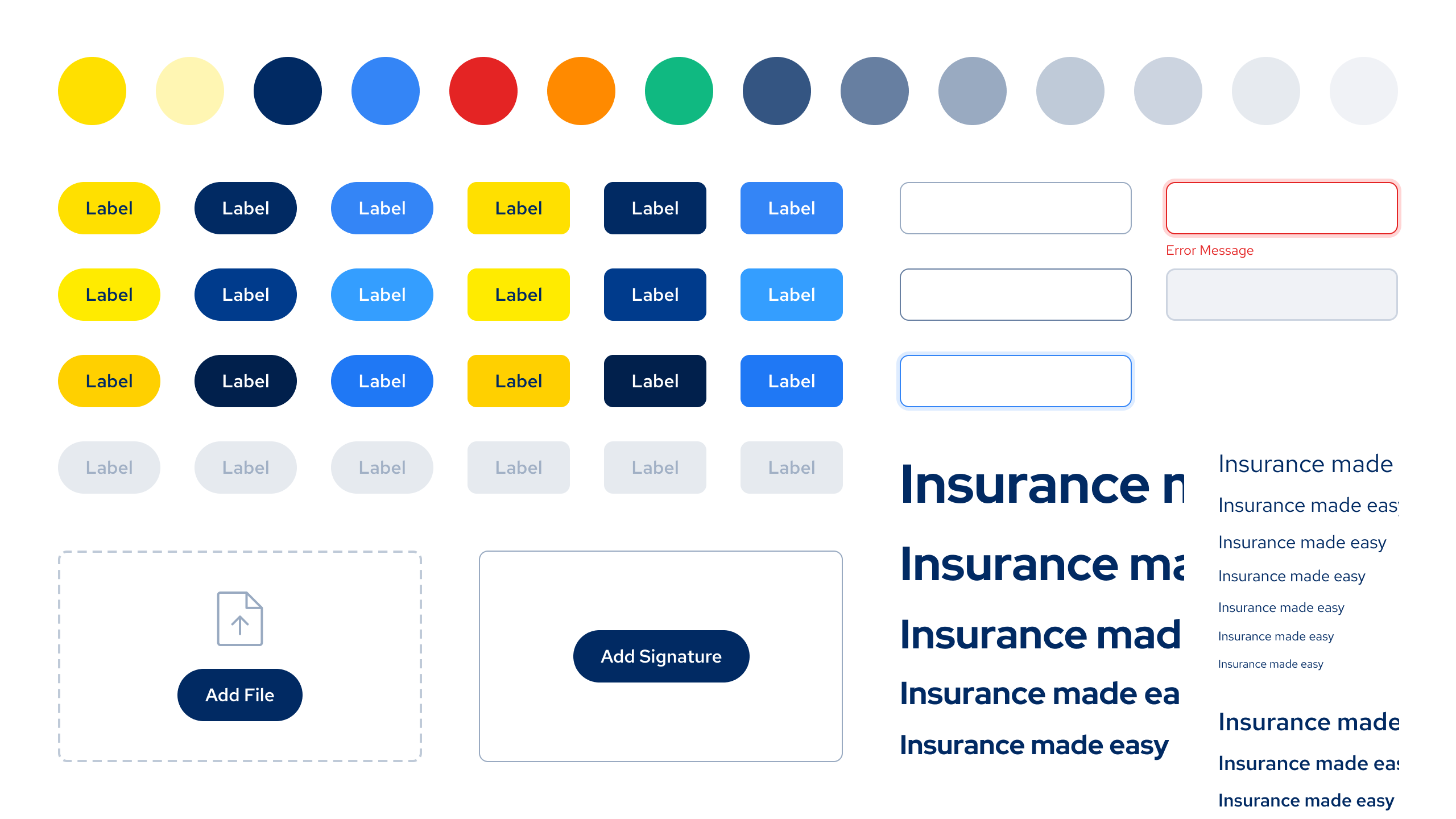 A grid of a design system's components, including colours, buttons, text fields, type scale