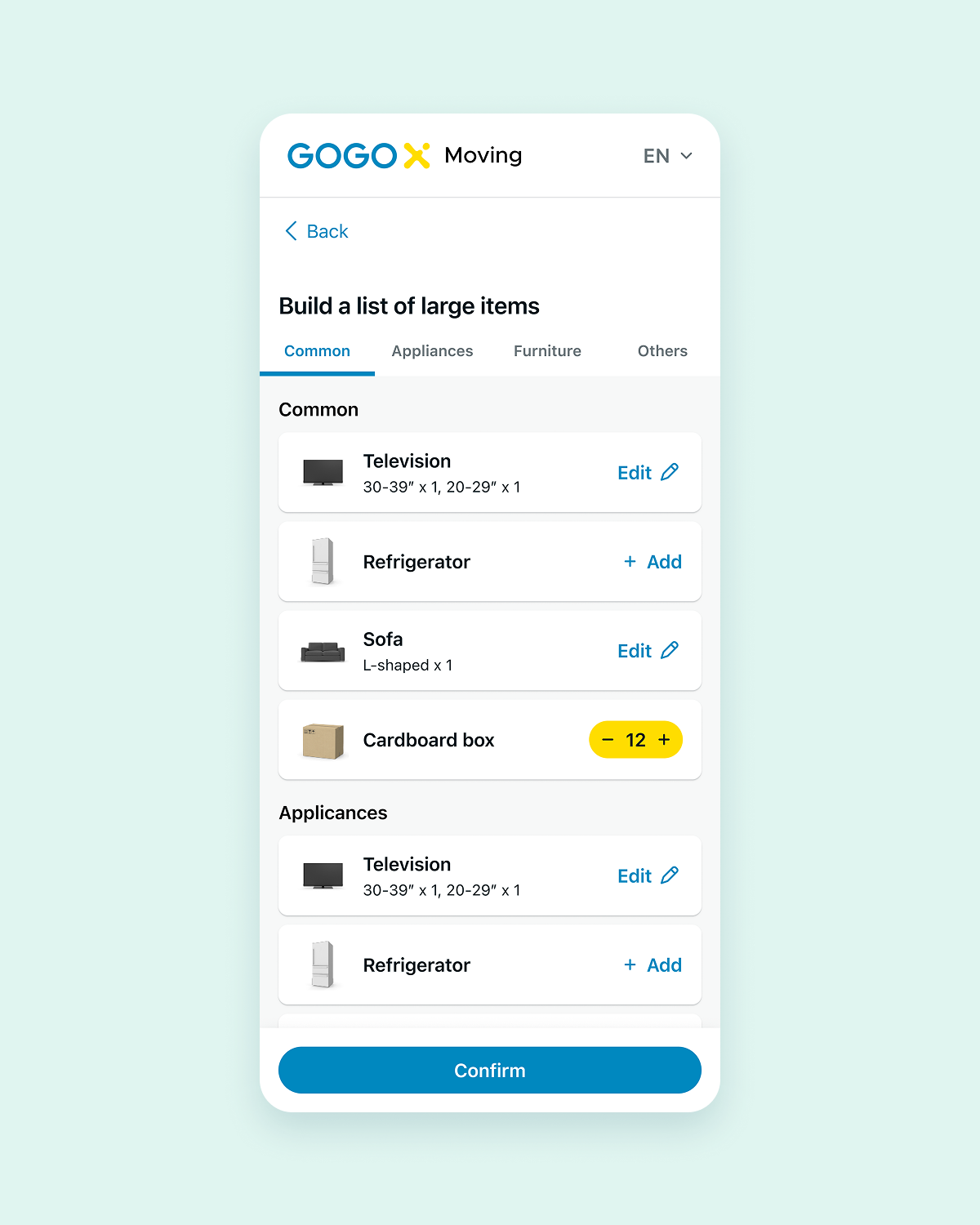 Mobile webpage showing a categorized list of large items with icons and quantities
