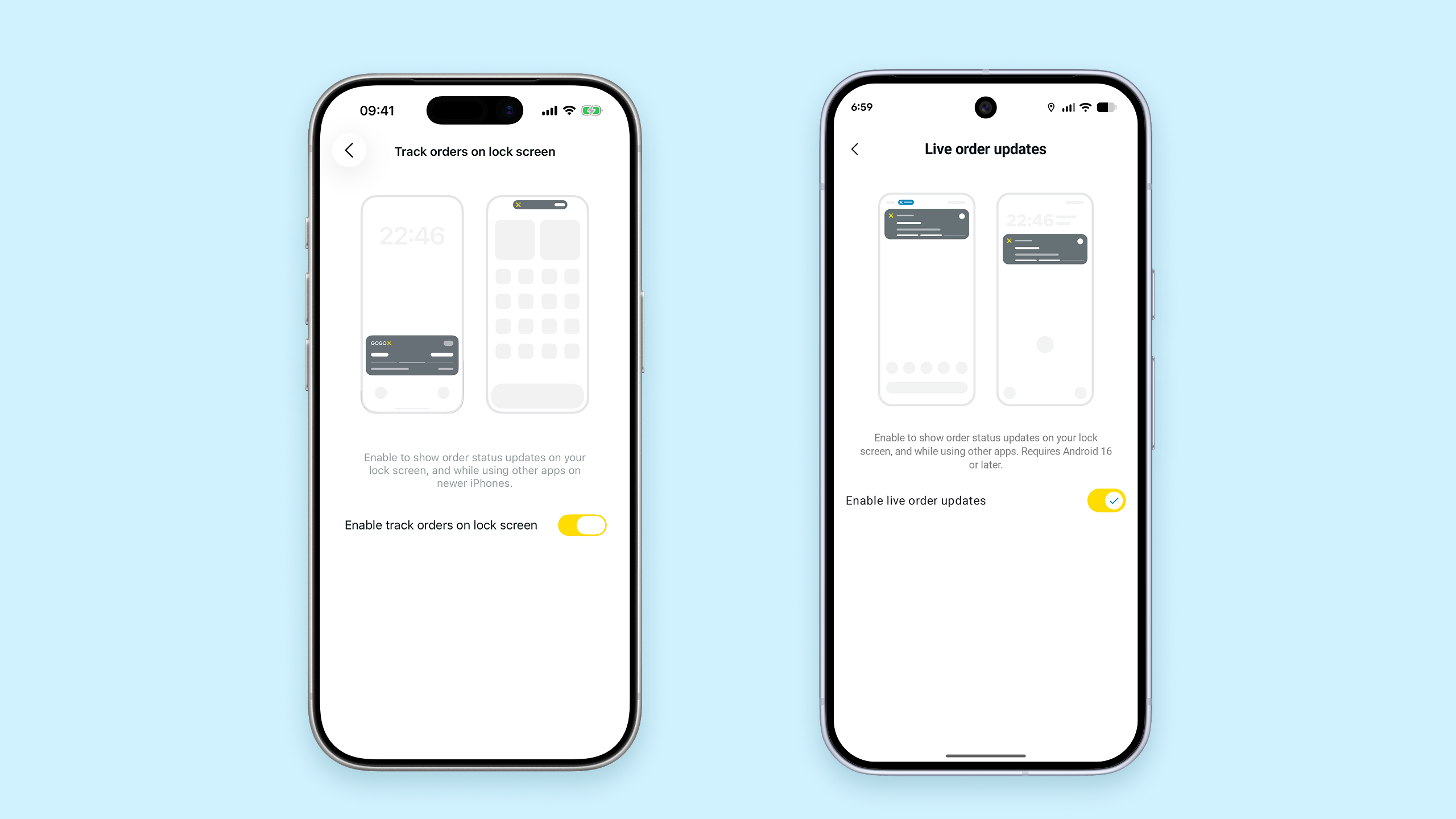 iOS and Android settings screens in the GoGoX app for enabling live order tracking, showing illustrated previews of the feature on each platform