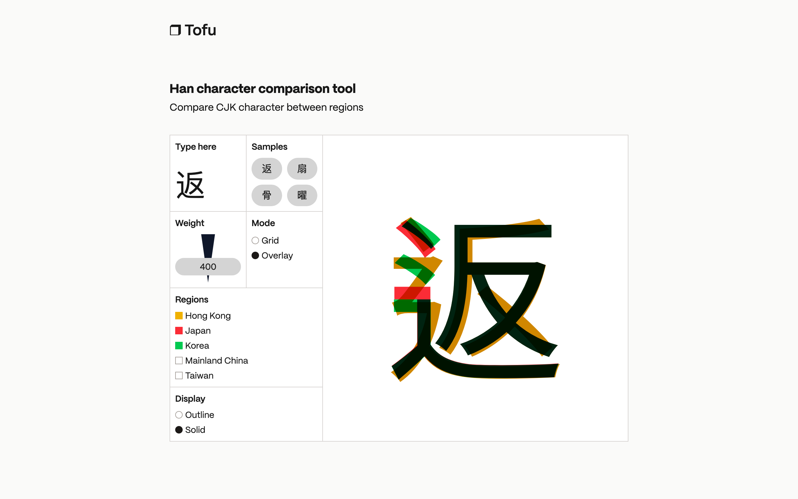 Screenshot of a tool to compare characters in different versions of Noto Sans CJK. The left side has character, weight and mode controls. The right side has different versions of the character overlaid on top of each other.