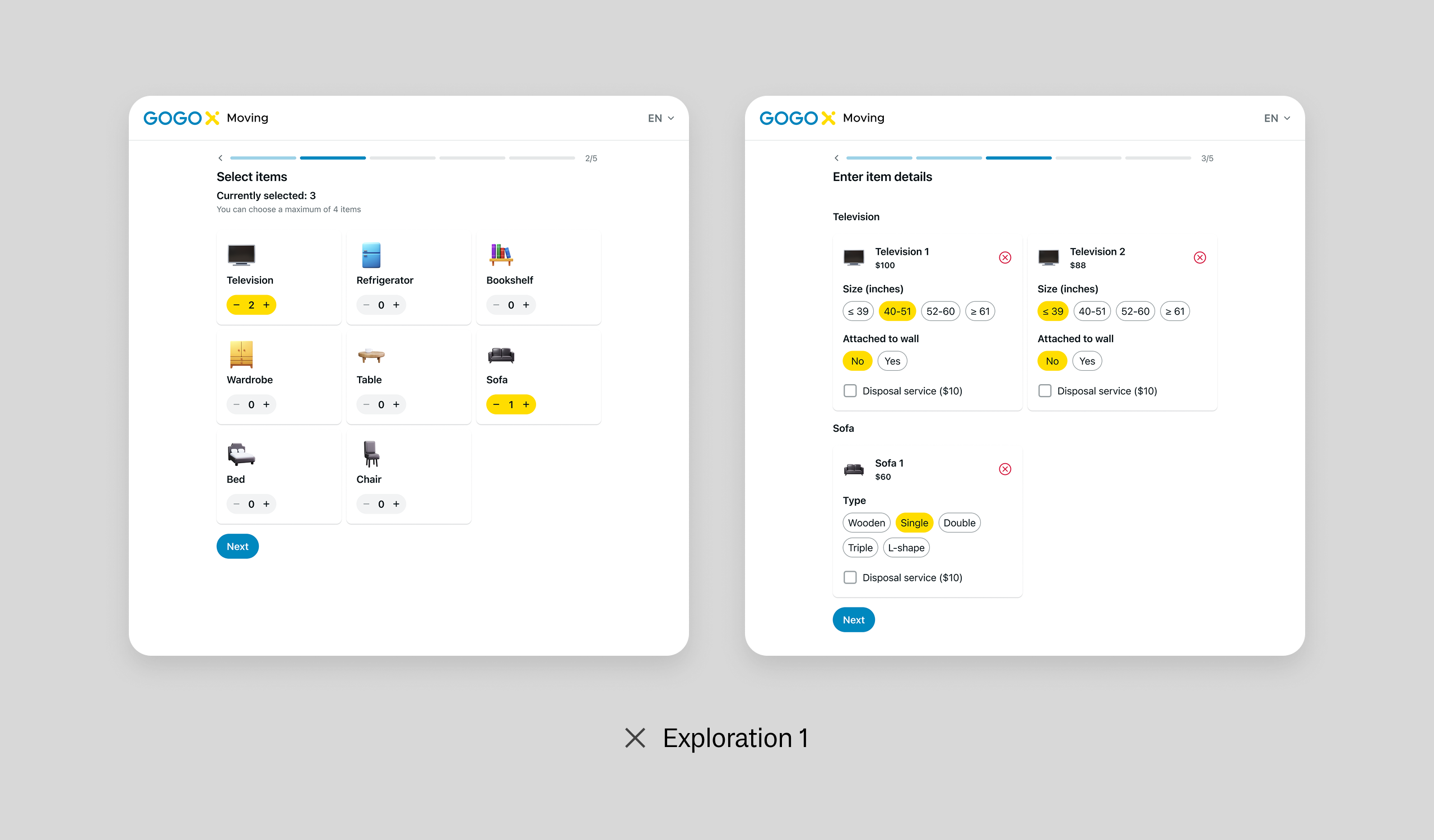 Exploration 1: Two pages of the flow showing item selection with stepper controls, then a second step for entering details like size and wall attachment for each item