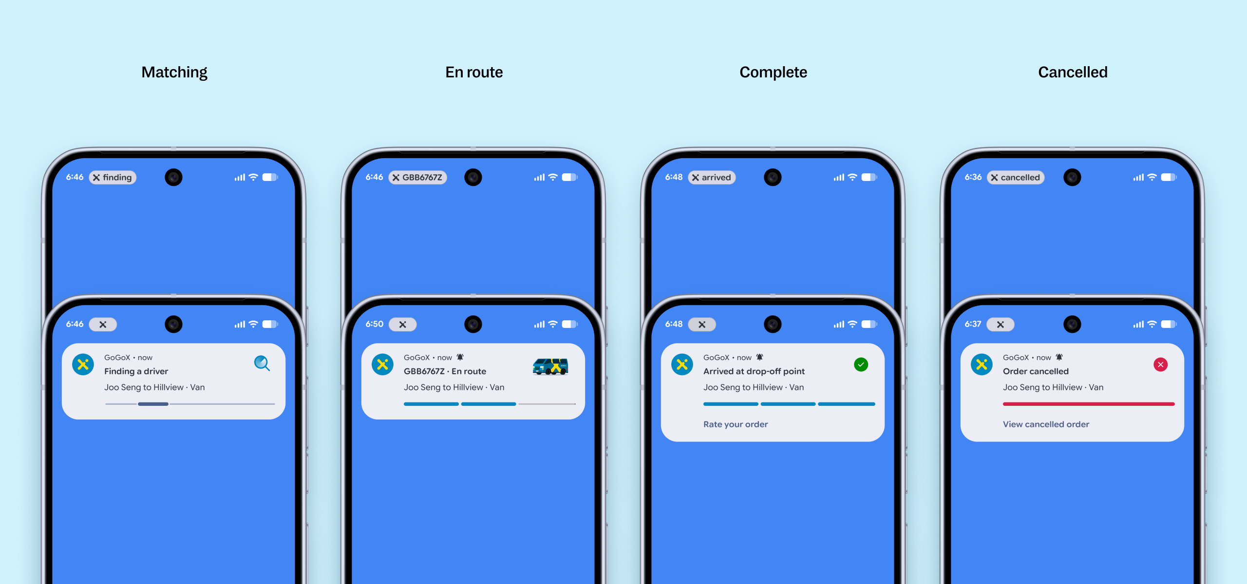 Four Android phones showing all Live Update states with status bar chips and notifications: finding a driver, en route with license plate, arrived at drop-off, and order cancelled