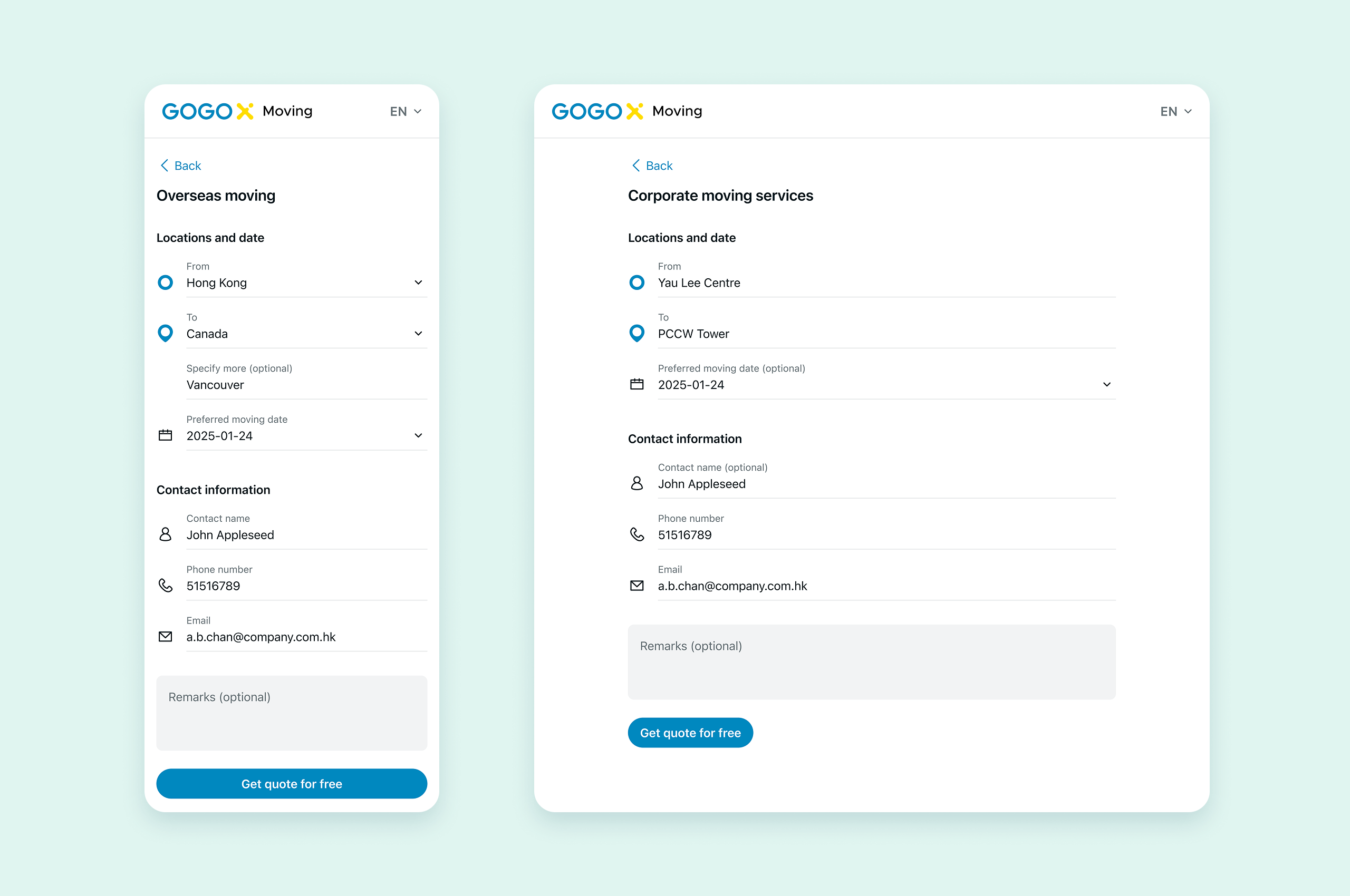 Two webpages showing forms for Overseas moving and Corporate moving services, both with location, date, and contact information fields