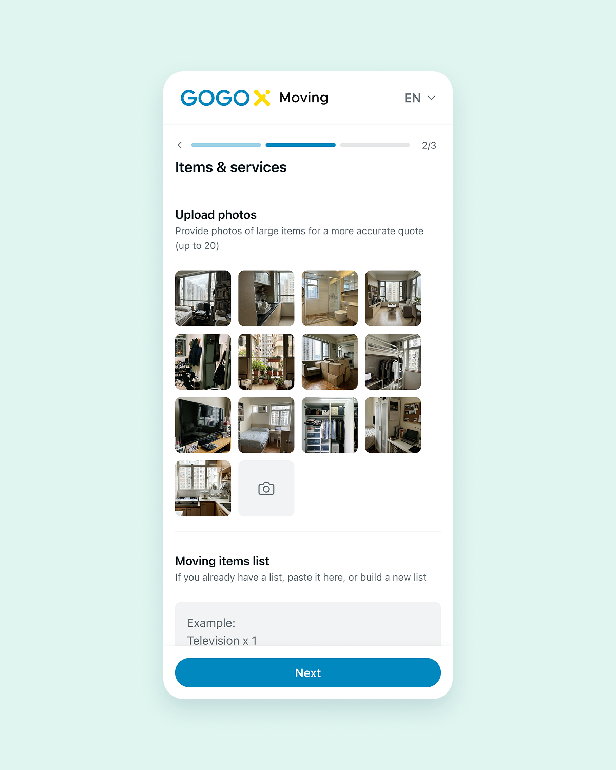 Mobile webpage showing 13 uploaded photos of rooms and furniture items in a home