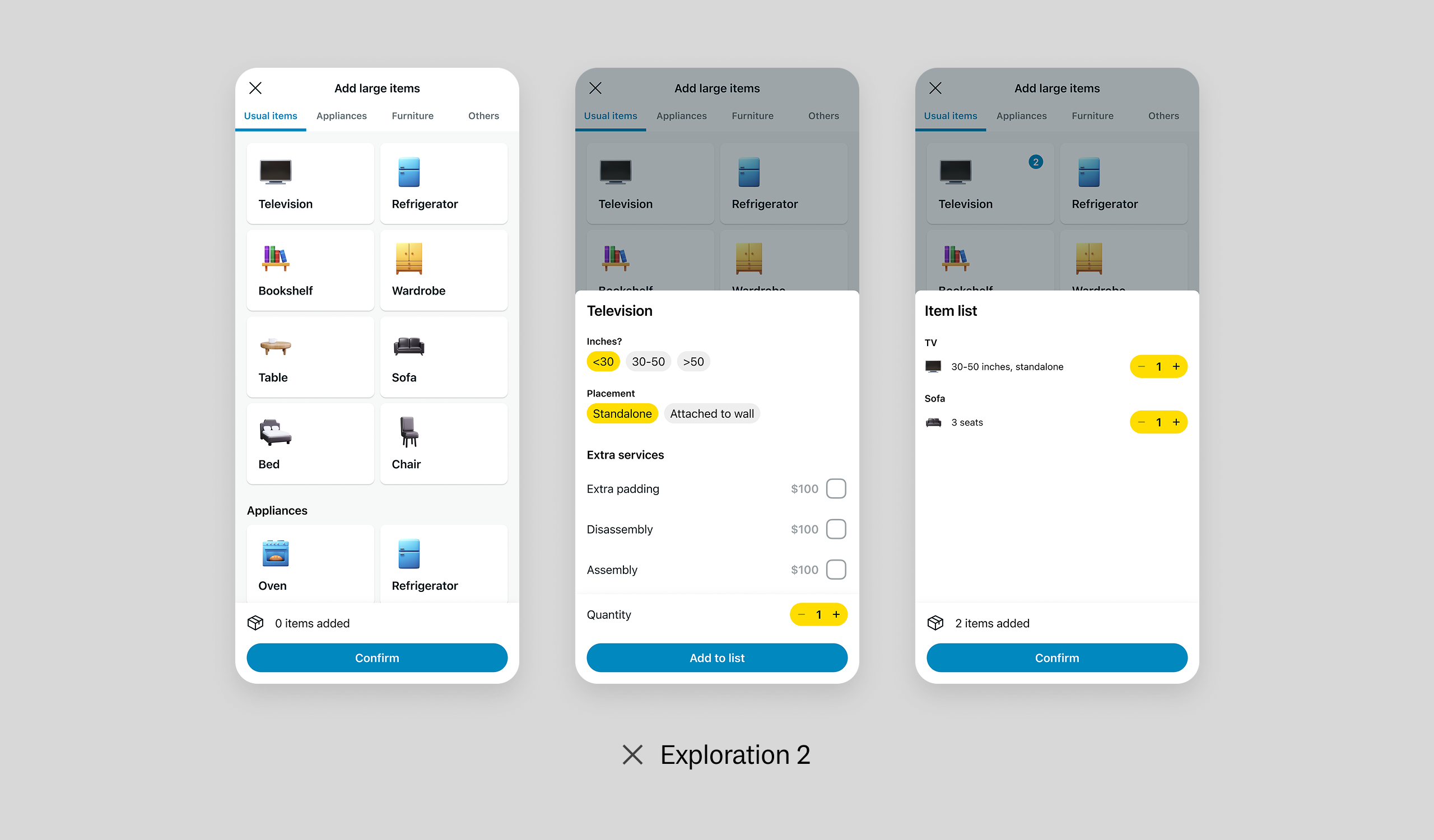 Exploration 2: Three pages of the flow showing a shopping cart approach where users select an item, fill in details like size and services, then add it to a separate item list