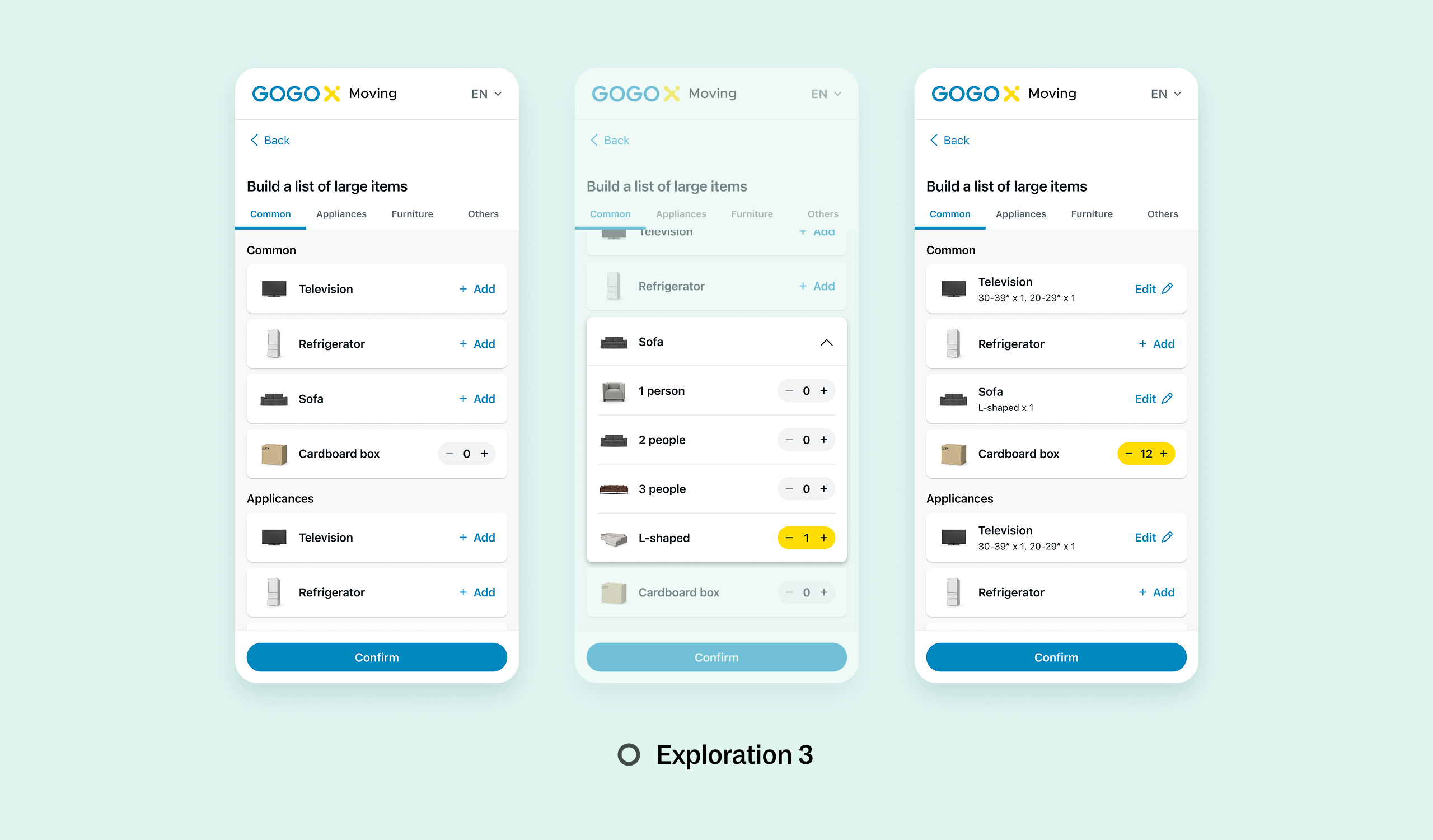 Exploration 3: Three pages of the flow showing a unified list with expandable items, where selecting Sofa reveals SKU options like 1-person, 2-person, or L-shaped, with stepper controls for quantities