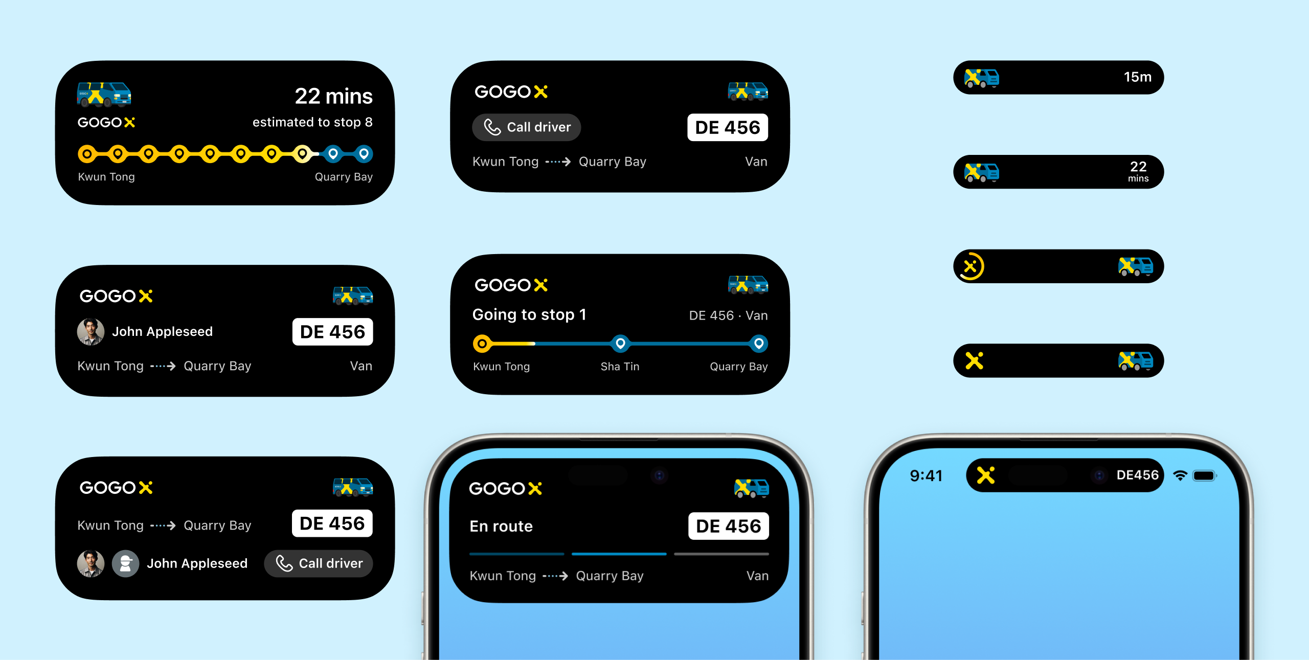Design explorations for the en route expanded and compact Live Activity, showing rejected concepts with ETAs, multi-stop progress bars, and driver names alongside the final design featuring the license plate