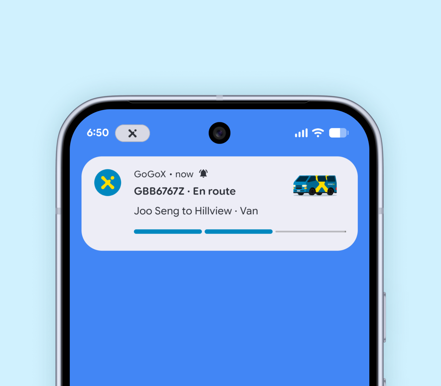 Android phone showing a GoGoX Live Update notification