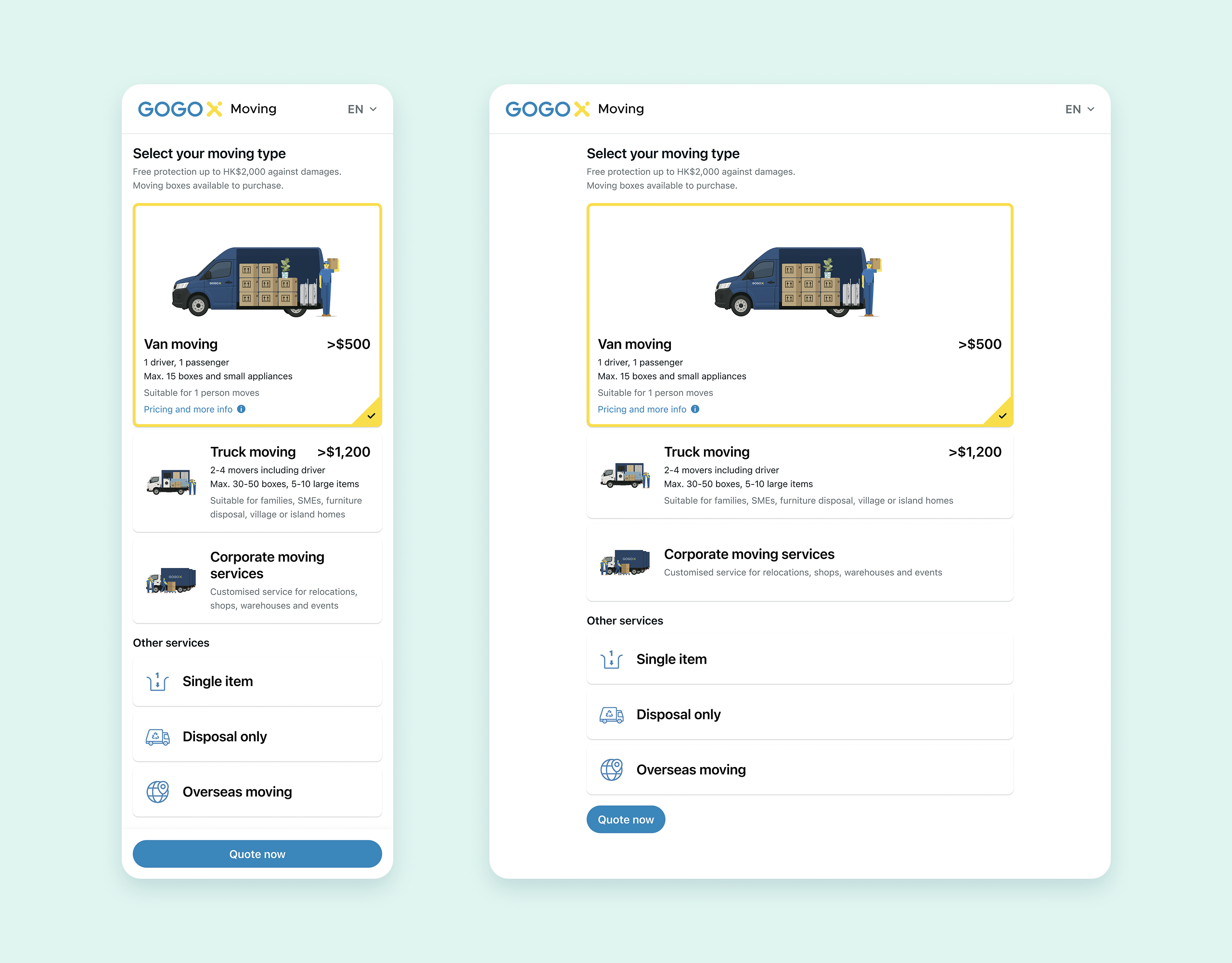 Mobile and desktop screens showing the moving type selection webpage with options for Van moving, Truck moving, Corporate moving services, Single item, Disposal only, and Overseas moving