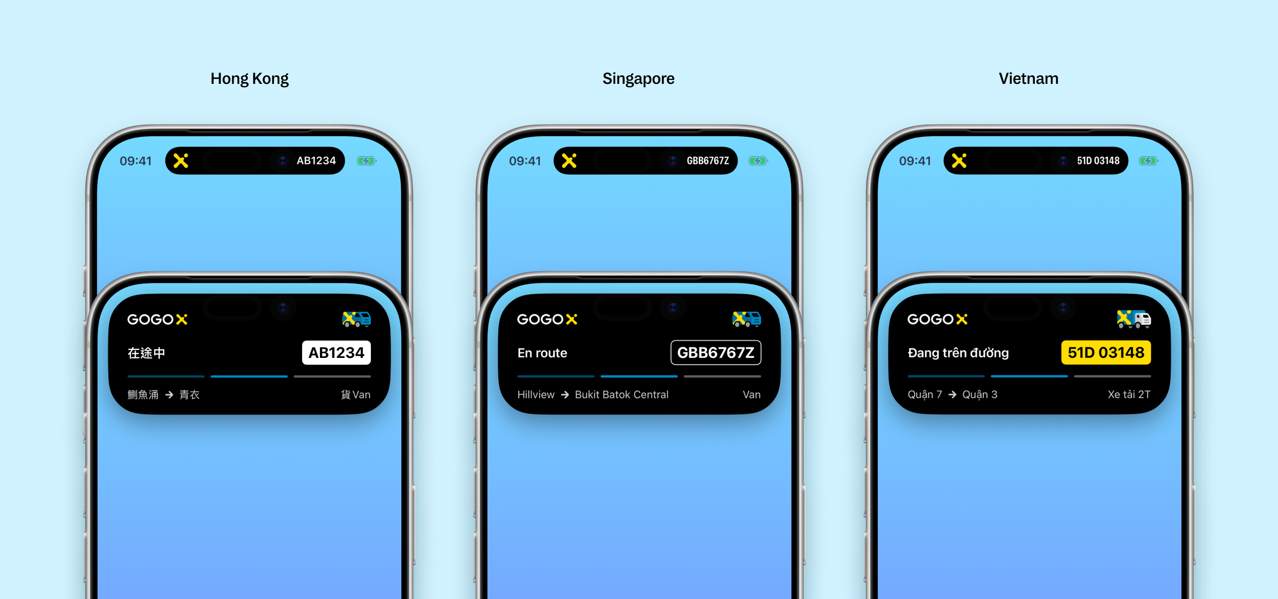 Three iPhones showing the Live Activity adapting to regional license plate formats: white plate in Hong Kong, black plate with white border in Singapore, and yellow plate in Vietnam