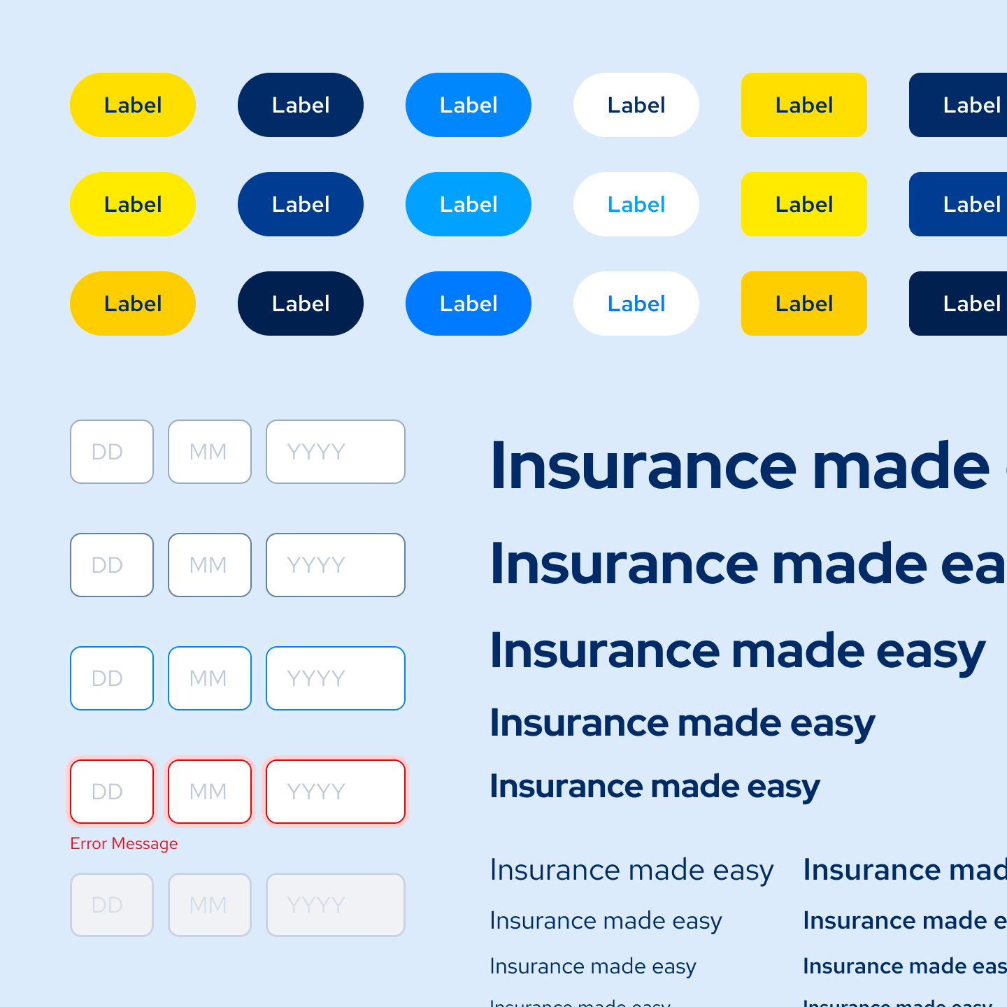 A grid of a design system's components, including buttons, text fields, type scale